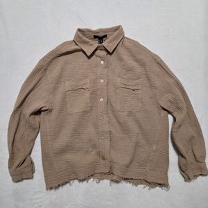 Forever 21 Oversized Tan Textured Distressed Button-Up Shirt Jacket